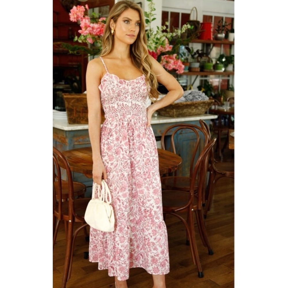 Anna Cate Collection Willow Midi Dress Pink Floral Smocked Tiered Womens